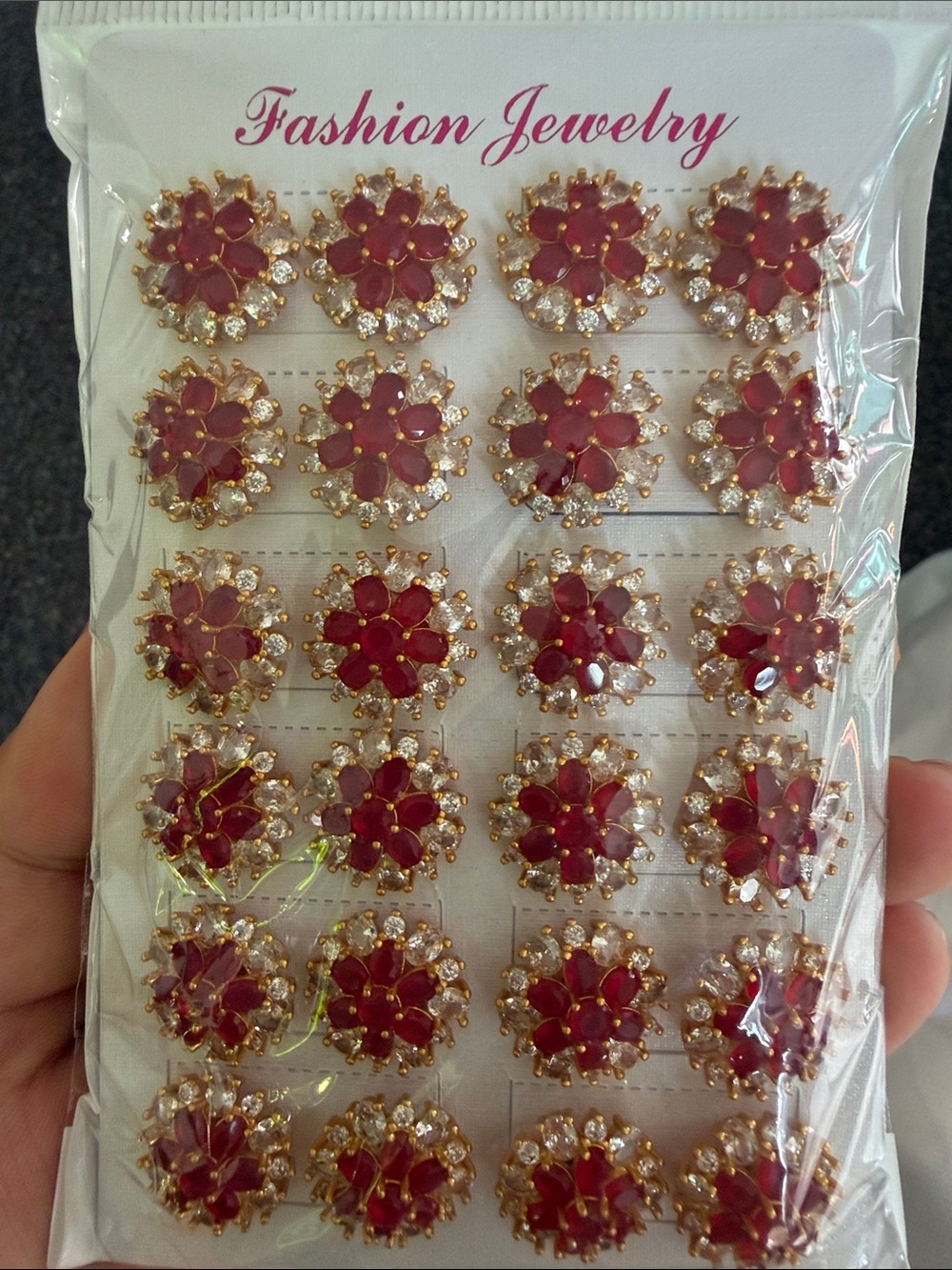 Fashion Jewelry Red and Gold Floral Cluster Stud Earrings (24 Pair Display)